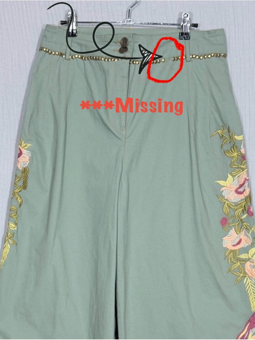 Embroidered Wide-Leg Green Pants with Floral & Bird Detail - Picture 9 of 9
